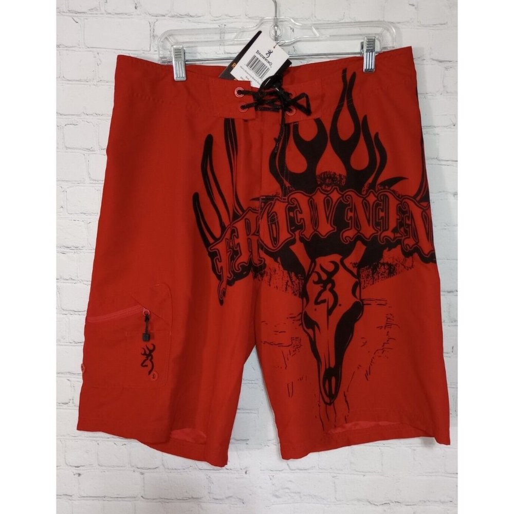 Mens NWT Browning Board Shorts Red Swim Trunks Swimsuit Size 34 Swimwear